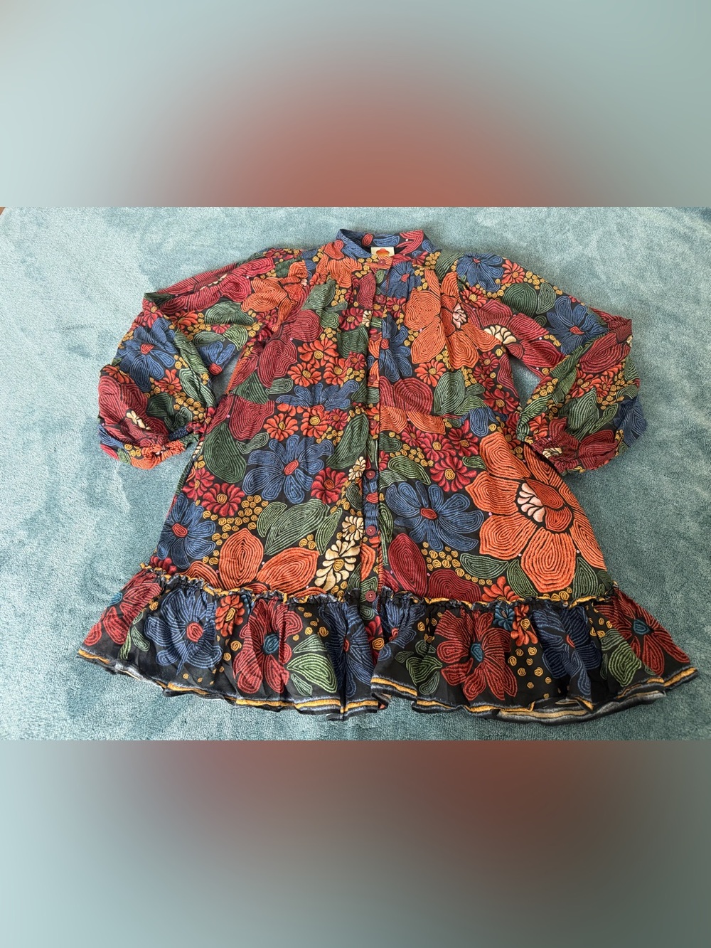 Farm Rio Black Stitched Flowers Long Sleeve Mini Dress Size M Boho Fall Colors - Picture 2 of 9